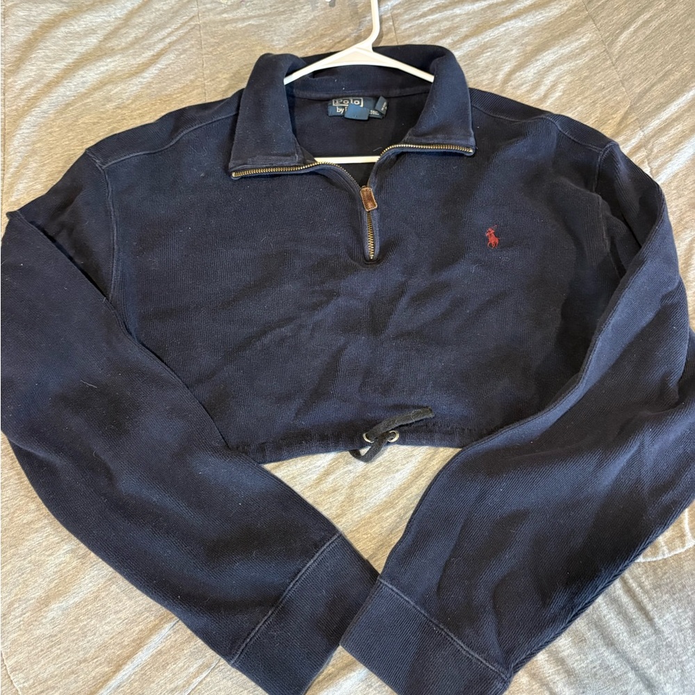 Polo by Ralph Lauren Navy Cropped Quarter-Zip Sweatshirt with Red Pony